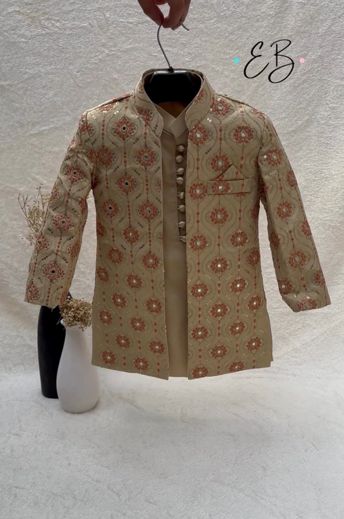 Beige Embroidered Sherwani Suit